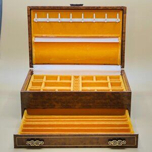 Vintage 60s Jewelry Chest Dresser Box with Drawer: Brown Vinyl Orange Lining